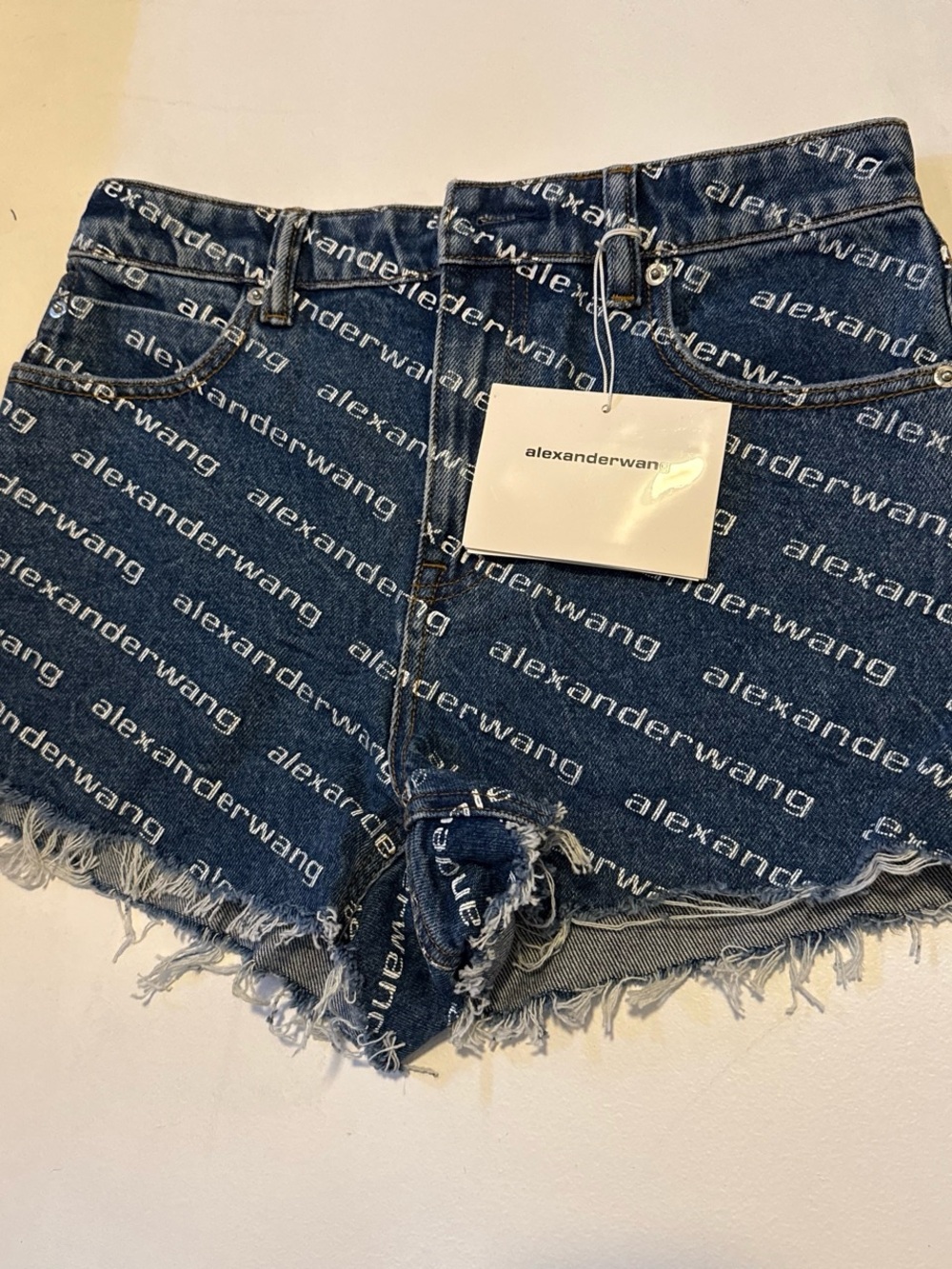 Alexander Wang Navy Logo-Print Frayed Denim Shorts